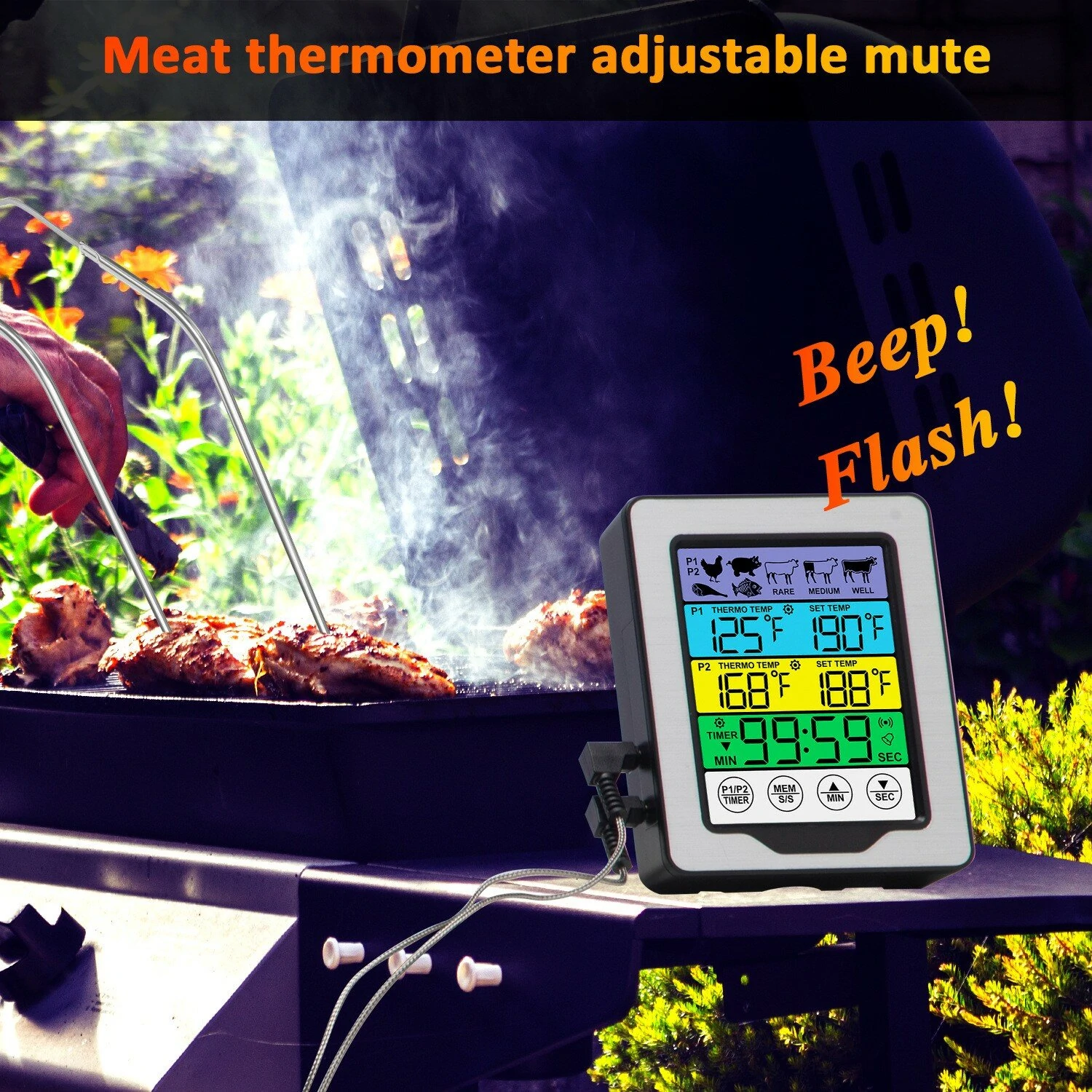 (image for) Dual Probe Large Colorful Touchscreen Food Meat Thermometer Kitchen Cooking BBQ Thermometer High Temperature Alarm Fahrenheit or Celsius Preset Temperature With Stand